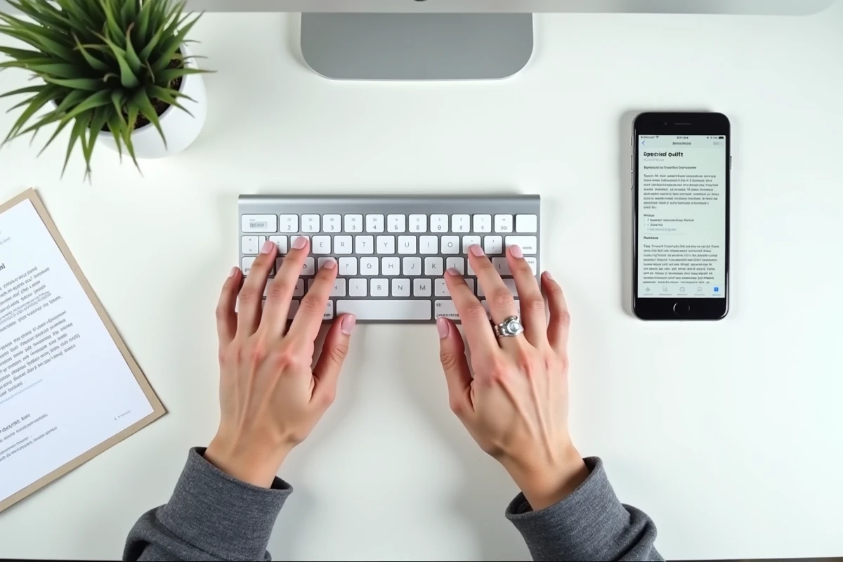Vue aérienne de mains tapant sur un clavier sans fil avec un aide-mémoire de raccourcis pour insérer des flèches dans un email