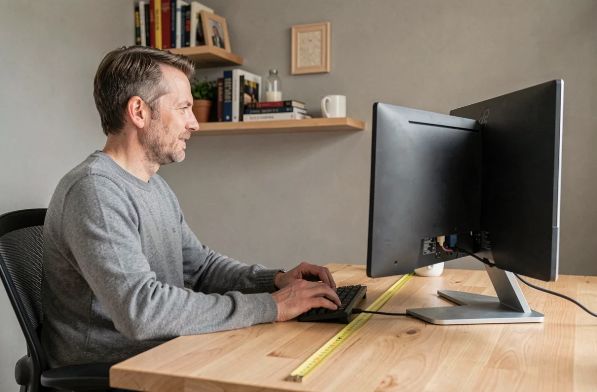 Personne assise à bonne distance d'un écran 27 pouces illustrant le recul idéal recommandé en centimètres