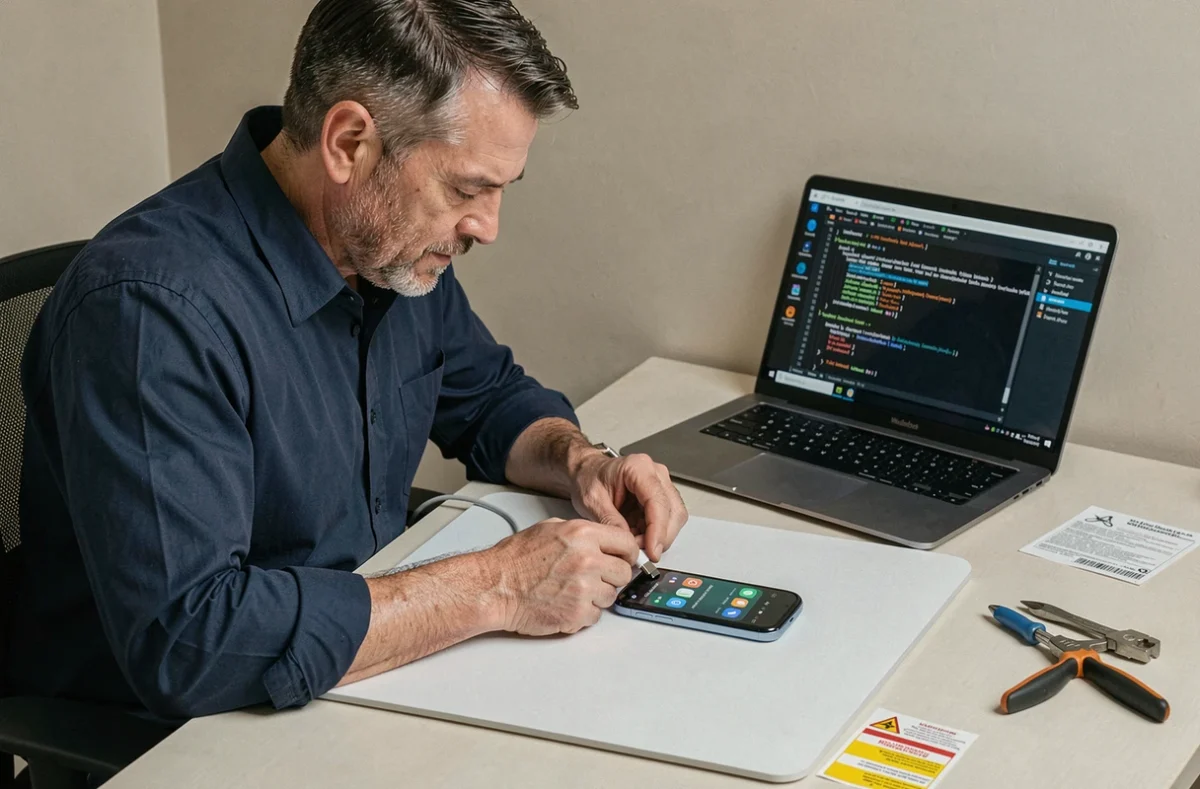 Homme connectant un câble USB-C à un Samsung Galaxy Z Flip 4 fermé pour récupérer des données via ADB sur ordinateur