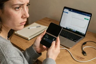 Femme tenant un Samsung Galaxy Z Flip 4 ouvert avec écran interne noir et écran externe fonctionnel affichant l'heure