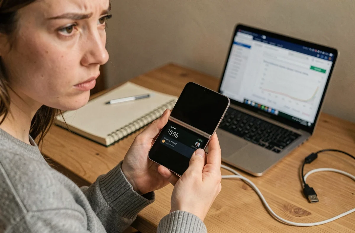Femme tenant un Samsung Galaxy Z Flip 4 ouvert avec écran interne noir et écran externe fonctionnel affichant l'heure