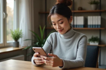 Femme consultant les réglages de messagerie Zimbra sur son smartphone dans un bureau à domicile