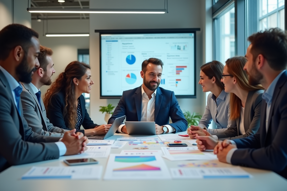 Groupe de professionnels discutant stratégies email marketing autour d
