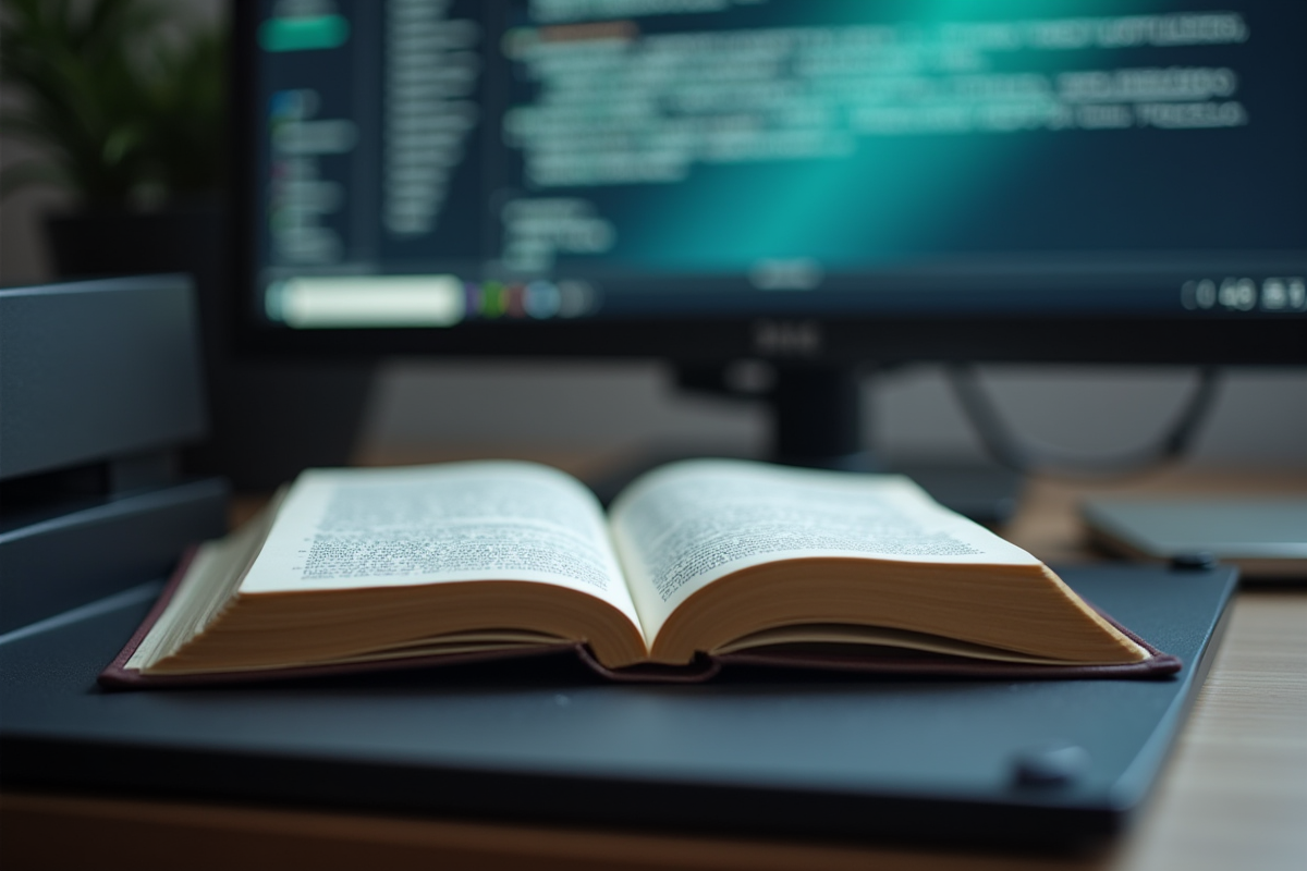 Zoom sur un scanner traitant une vieille page de livre avec écran en arrière-plan