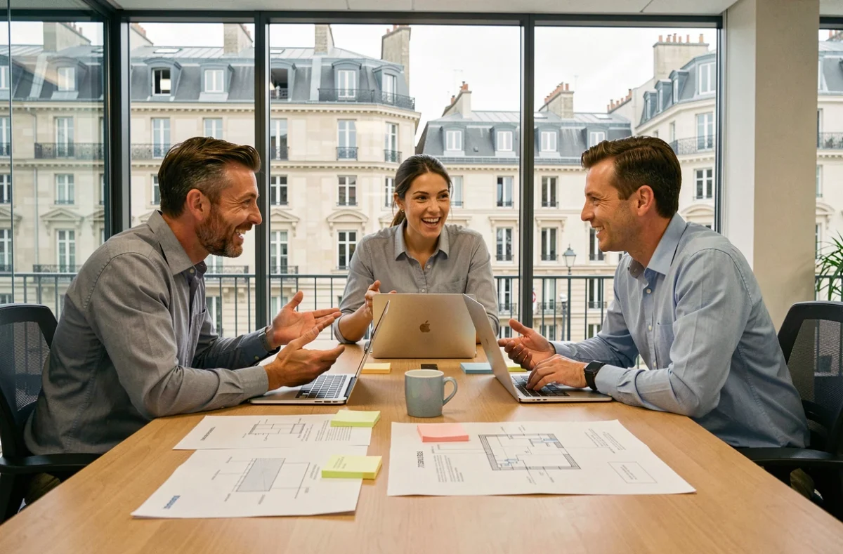 Équipe de consultants IT de Sopra Steria en réunion de travail dans un espace moderne à Lyon