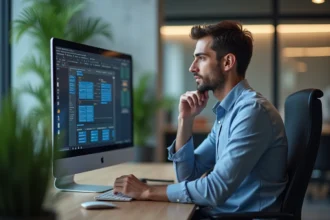 Homme en tenue casual analysant diagrammes sur un ordinateur