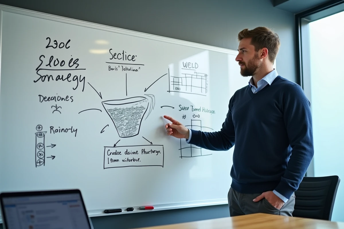 Consultant SEO présentant une stratégie comparée d'outils SEO sur un tableau blanc en salle de réunion