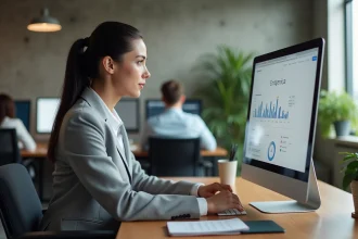 Femme professionnelle analysant une stratégie de liens et d'écosystème social sur un écran dans un bureau moderne