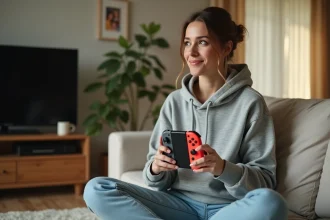 Femme synchronisant une manette Joy-Con Nintendo Switch avec deux docks de console dans un salon familial
