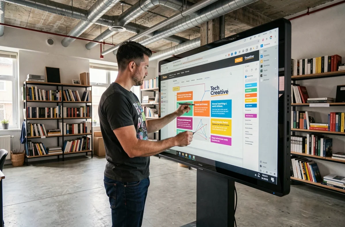 Designer de Tech Creative travaillant sur des maquettes de sites web dans un studio créatif industriel