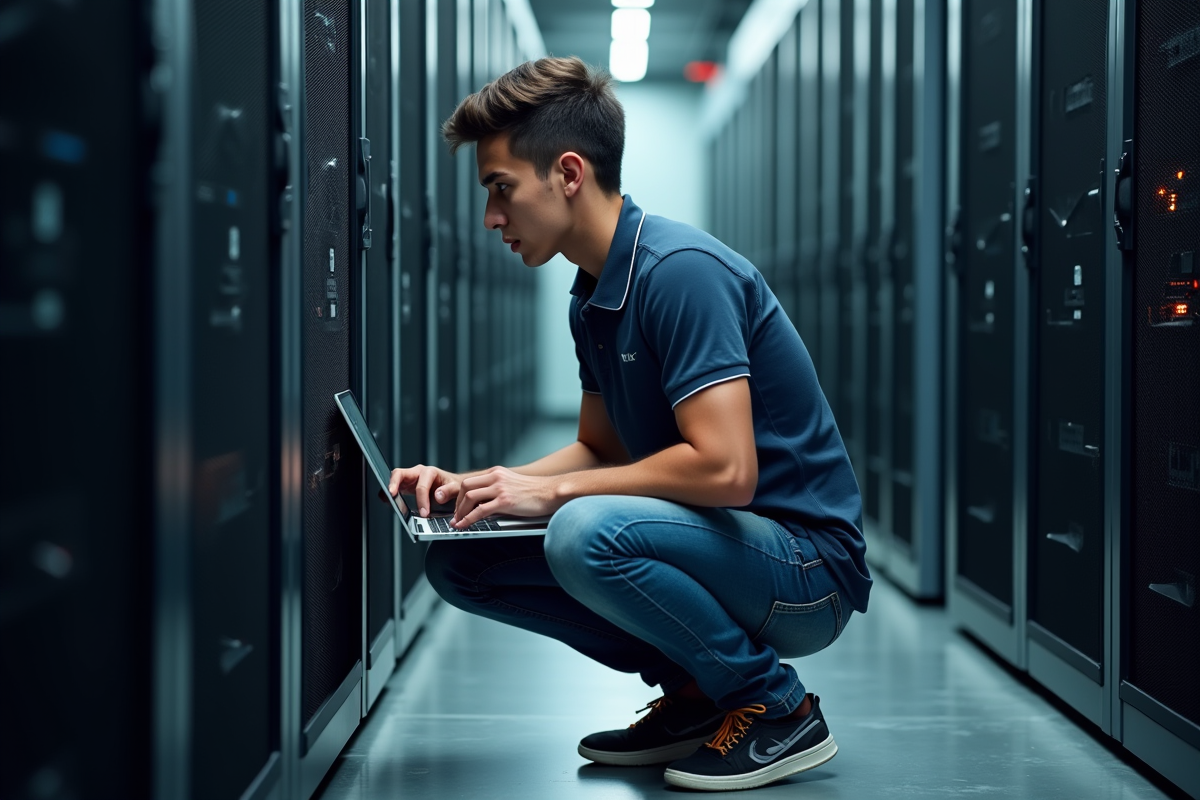 Jeune professionnel informatique connectant un serveur