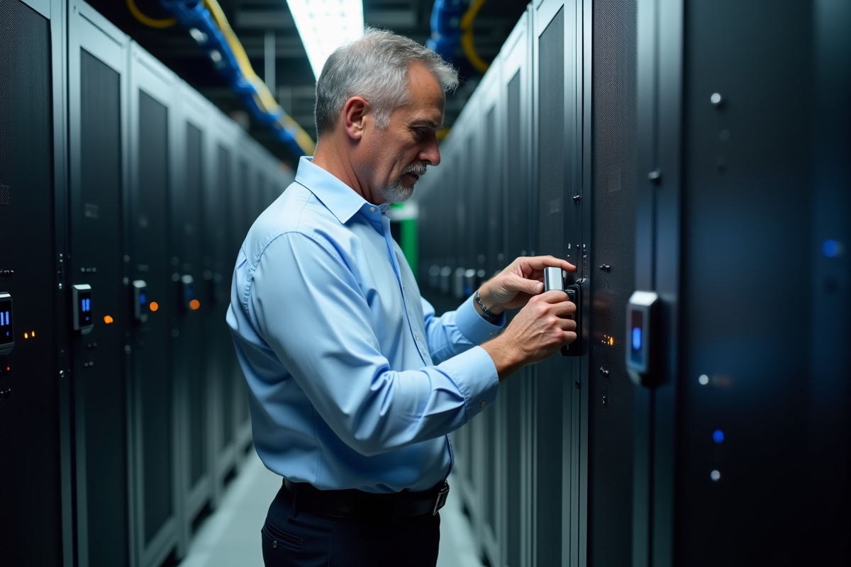 Technicien informatique en salle serveurs avec clé USB