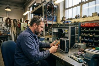 Technicien comparant un PC industriel et un ordinateur de bureau dans un petit atelier de fabrication
