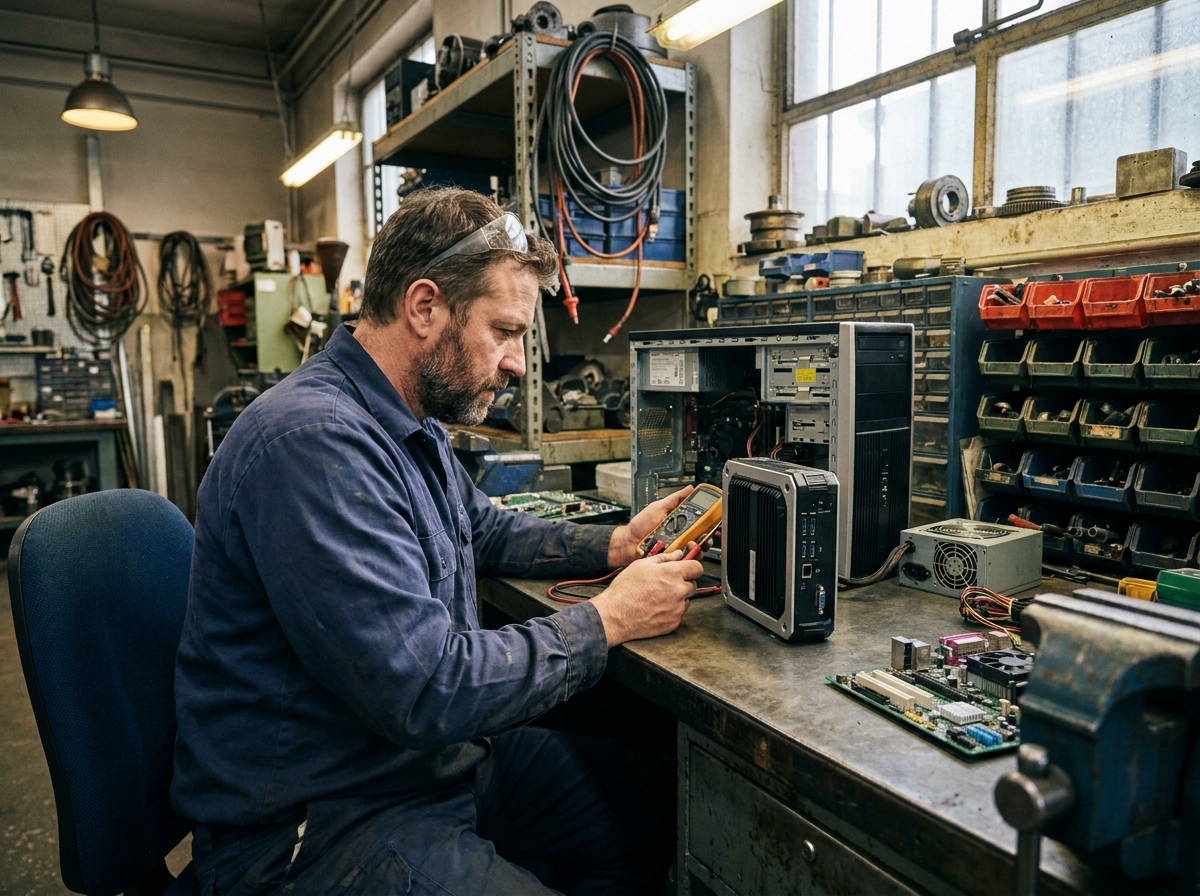 Technicien comparant un PC industriel et un ordinateur de bureau dans un petit atelier de fabrication