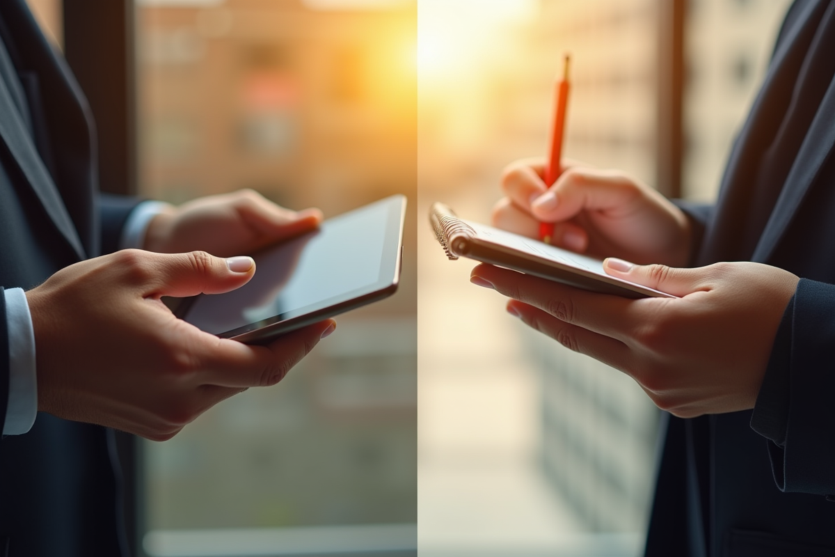 Deux mains tenant une tablette et un carnet avec technologie moderne et notes manuscrites