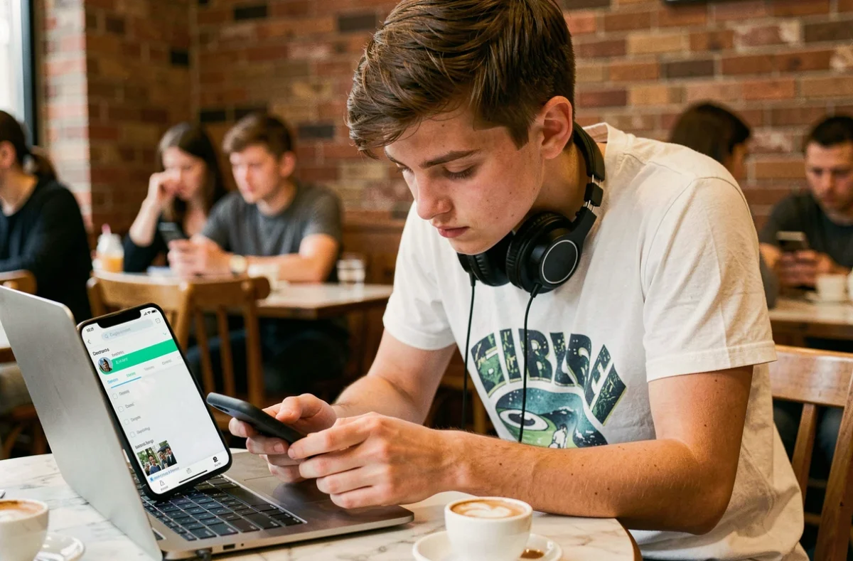 Adolescent téléchargeant une courte vidéo YouTube en MP4 depuis son smartphone dans un café urbain