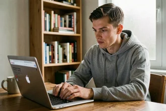 Jeune homme téléchargeant une vidéo YouTube courte en MP4 sur son ordinateur portable dans un bureau à domicile