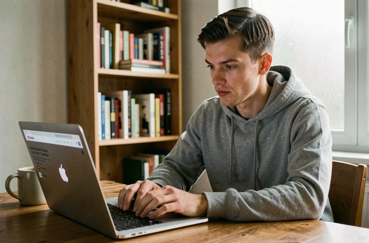 Jeune homme téléchargeant une vidéo YouTube courte en MP4 sur son ordinateur portable dans un bureau à domicile