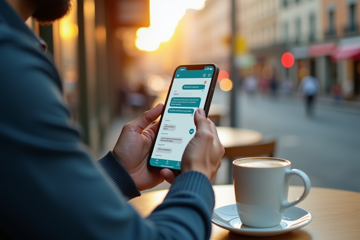 Gros plan sur un téléphone avec conversation chatbot dans un café en ville en journée