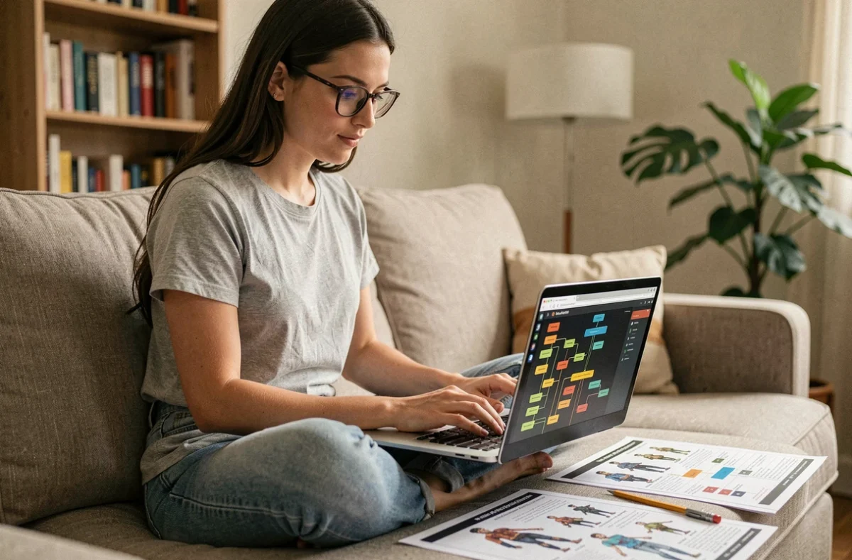 Femme théorycraftant un build Path of Exile 2 sur un laptop entouré de notes de personnage imprimées dans un salon