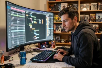Joueur de Path of Exile 2 en train d'analyser des builds et statistiques complexes sur un écran ultrawide dans un bureau gaming