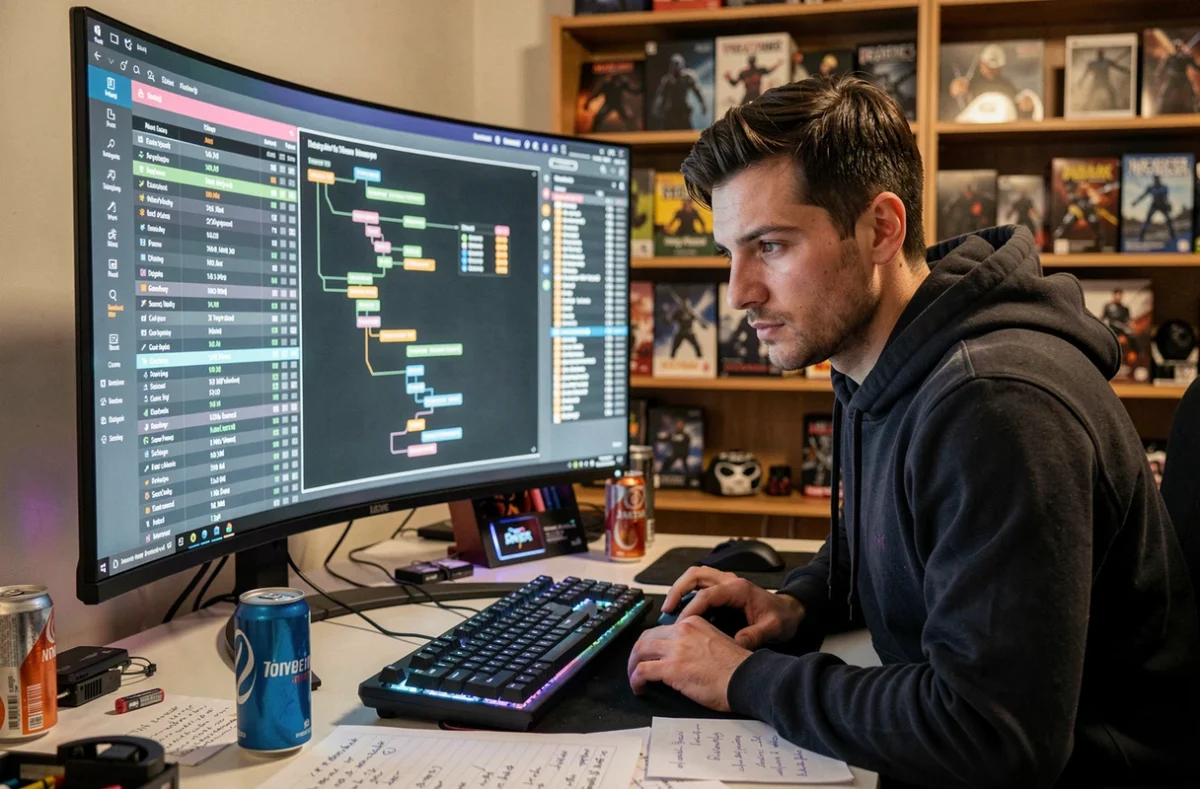 Joueur de Path of Exile 2 en train d'analyser des builds et statistiques complexes sur un écran ultrawide dans un bureau gaming