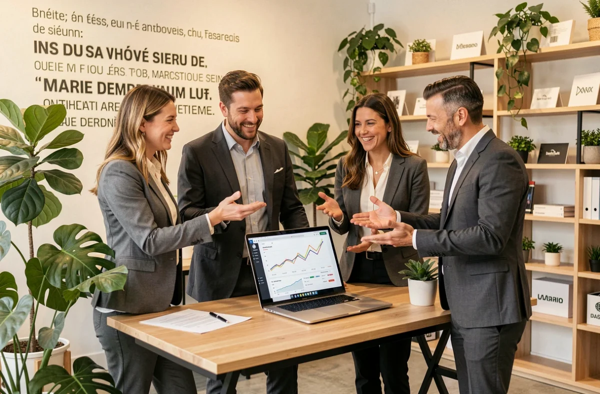 Équipe dynamique de l'agence Thrive célébrant les résultats d'une application mobile autour d'un tableau de bord analytique en progression