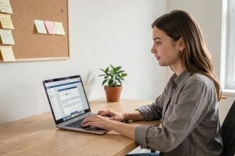 Une jeune femme compare différents logiciels de traitement de texte gratuits sur un MacBook Pro dans un bureau moderne
