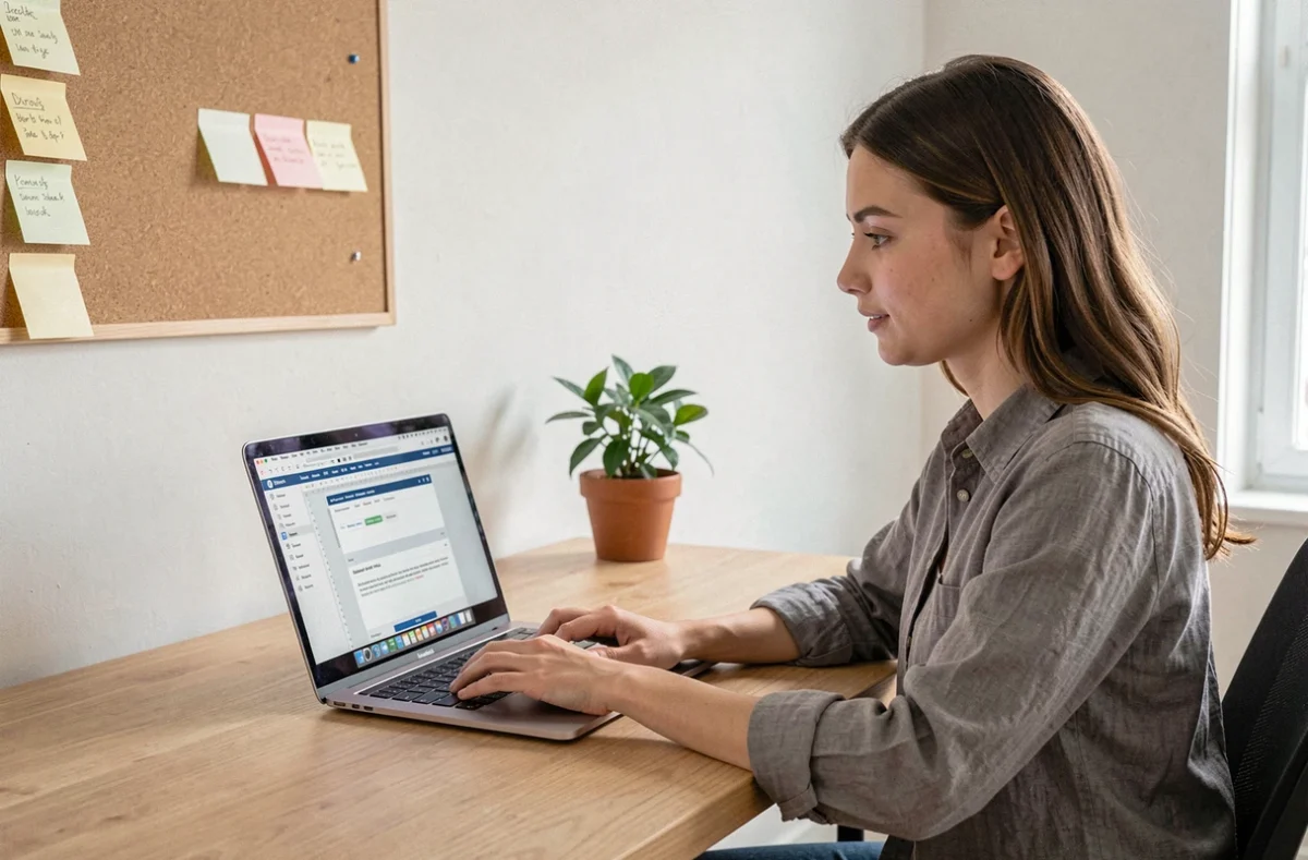 Une jeune femme compare différents logiciels de traitement de texte gratuits sur un MacBook Pro dans un bureau moderne