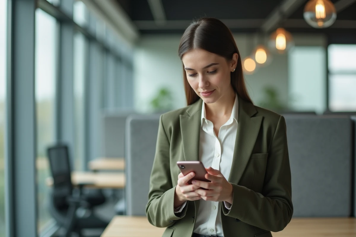 Femme vérifiant discrètement les paramètres de confidentialité de son smartphone dans un espace de coworking
