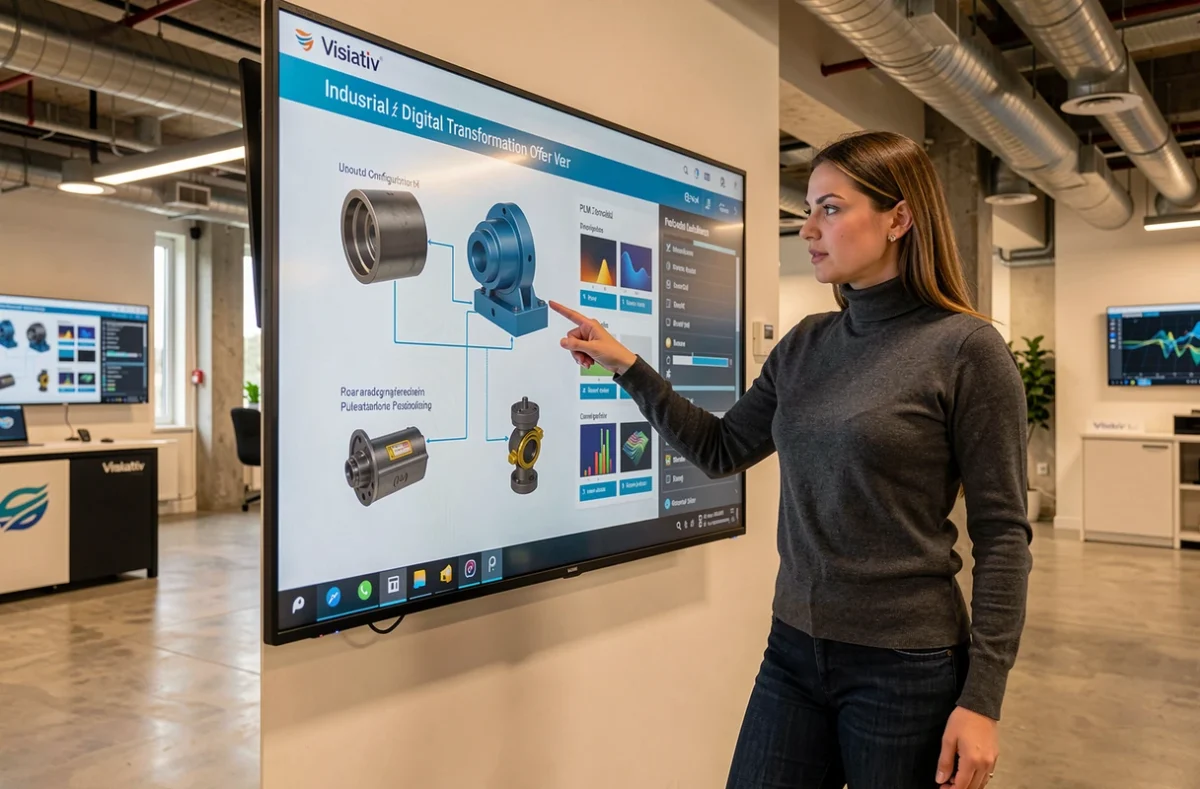 Ingénieure présentant les solutions de transformation numérique industrielle de Visiativ sur un écran mural dans un lab d'innovation