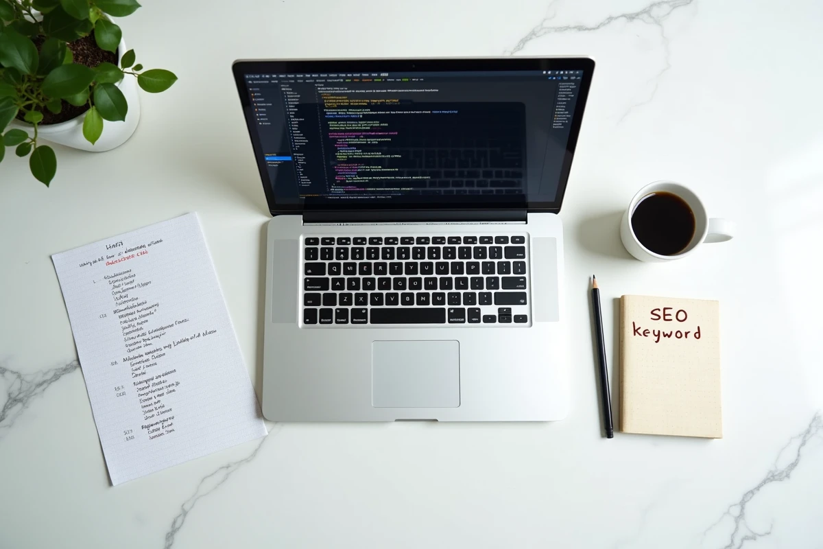 Vue aérienne d'un laptop affichant du code HTML optimisé pour le SEO avec checklist imprimée sur un bureau minimaliste