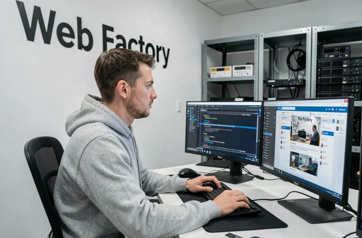 Développeur de Web Factory concentré sur son code dans un bureau technique moderne