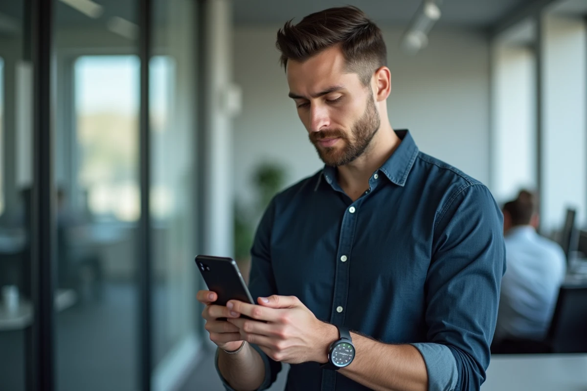 Homme professionnel utilisant WhatsApp Business pour programmer un message dans un bureau en open space