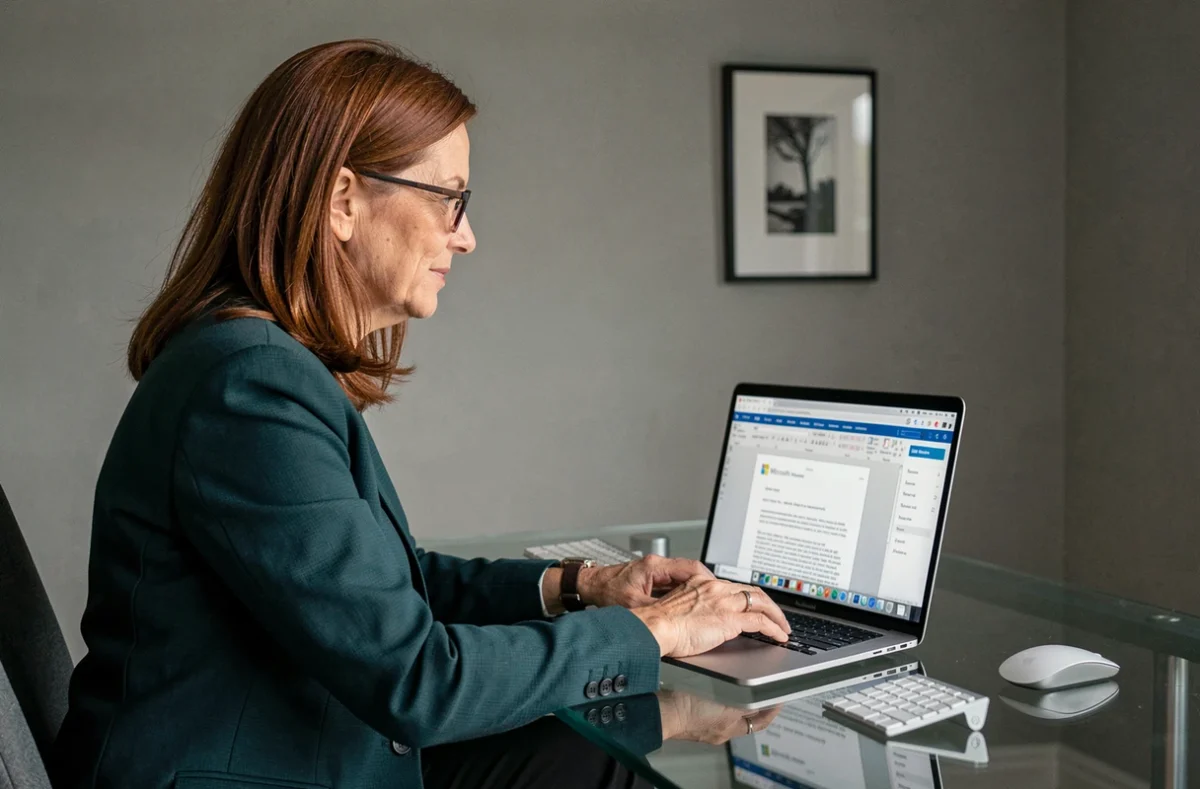 Une professionnelle utilise Microsoft Word pour le Web sur un MacBook Pro dans un bureau à domicile élégant