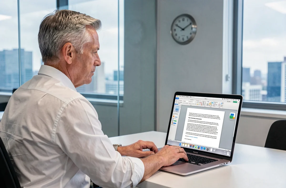 Un homme d'affaires utilise WPS Office pour Mac sur un MacBook Pro dans un bureau d'entreprise moderne