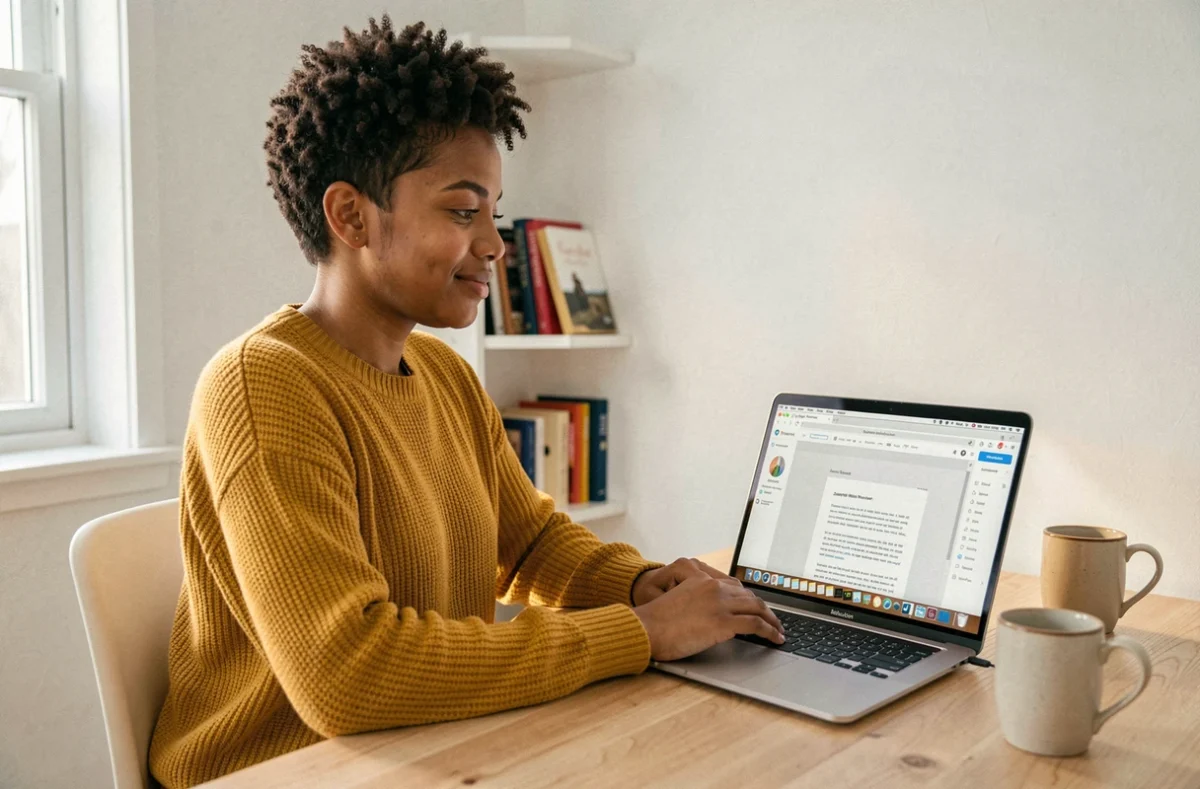 Une jeune femme utilise Zoho Writer dans un navigateur sur un MacBook Air dans un espace de travail à domicile lumineux